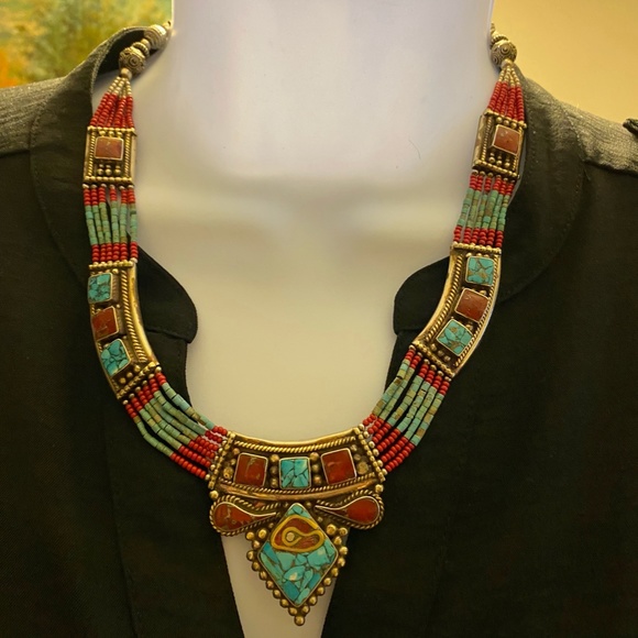 NEPAL JEWELRY 925 SILVER PLATED TIBETAN CORAL TURQUOISE NECKLACE - Picture 6 of 8